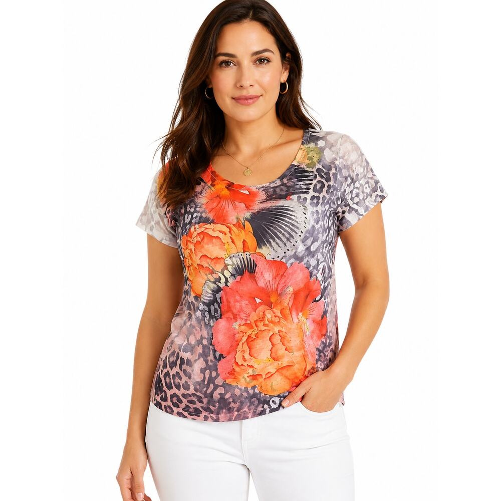 Style & Co Petite Women’s Floral Animal Print Tee Size Large Short Sleeve